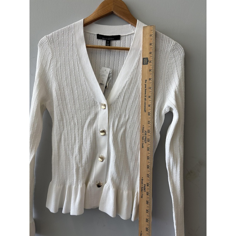 White House Black Market Cardigan Womens Medium White Ruffle Button Long Sleeve - Picture 6 of 7